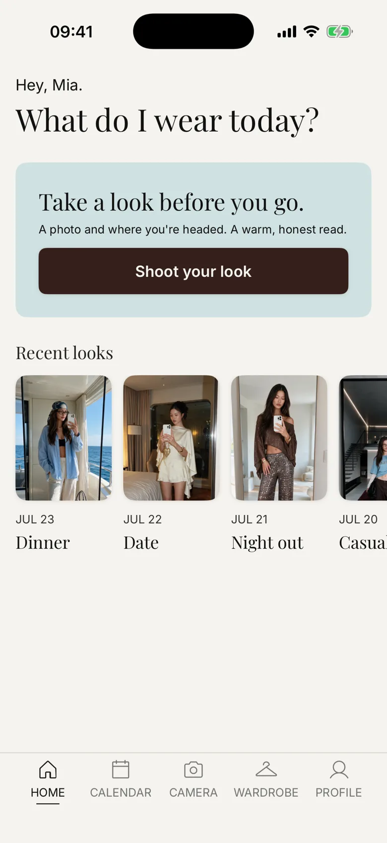 Natty's home screen asking: what do I wear today?